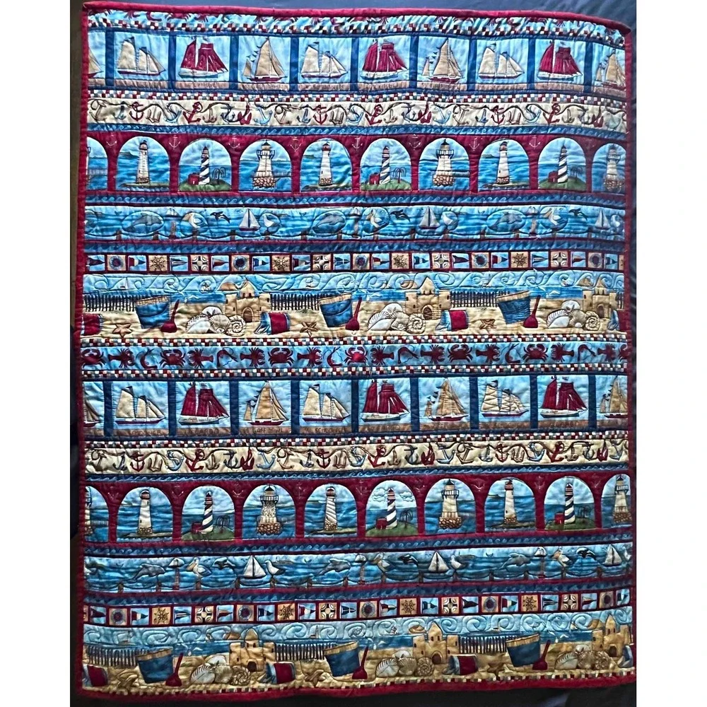 Nautical Coastal Quilted Throw Lighthouse Sailboat Beach 35x41 Wall Hanging